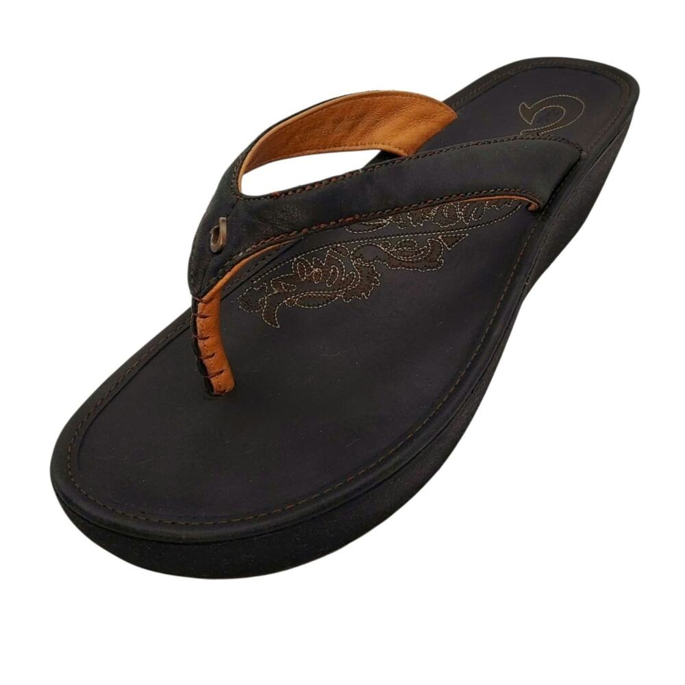 OluKai Paniolo Women's Wedge Flip-Flop Thong Sandal Black Leather Sz US 9 EU 40